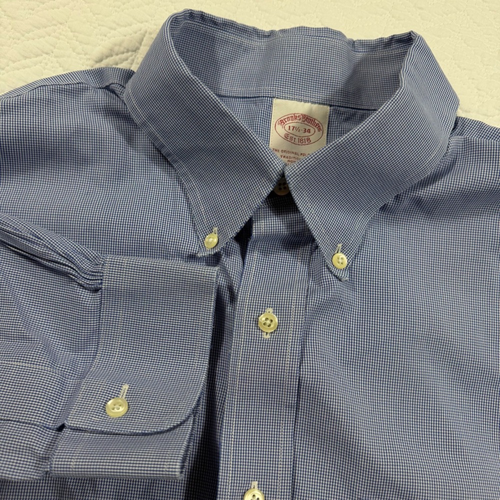 Brooks Brothers Non Iron Button Down Collar Gingham Dress Shirt Men XL 17 1/2 34